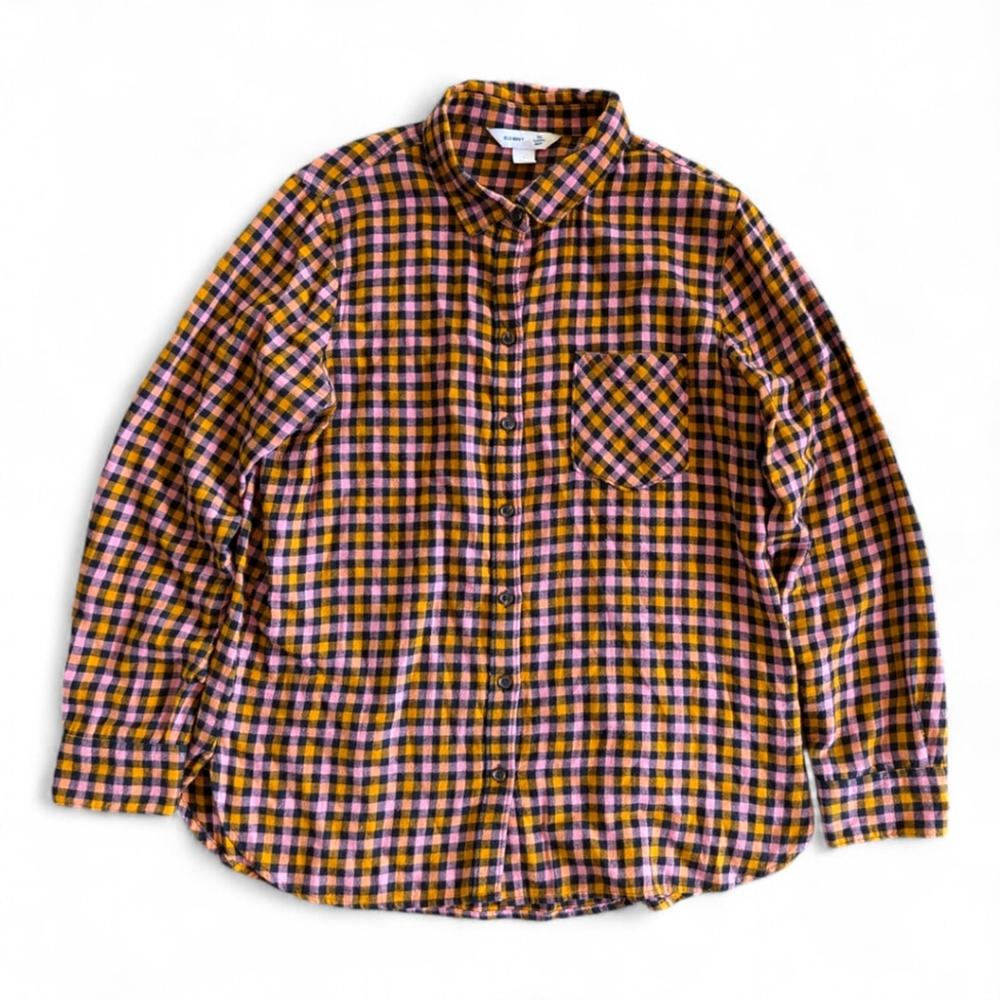 OLD NAVY Women’s Patterned Flannel Classic Shirt Sz L Pink & Orange Check Fall - Picture 2 of 7